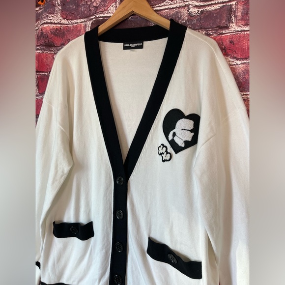Karl Lagerfeld Paris Varsity Logo Patch Cardigan - Soft White - Picture 2 of 7